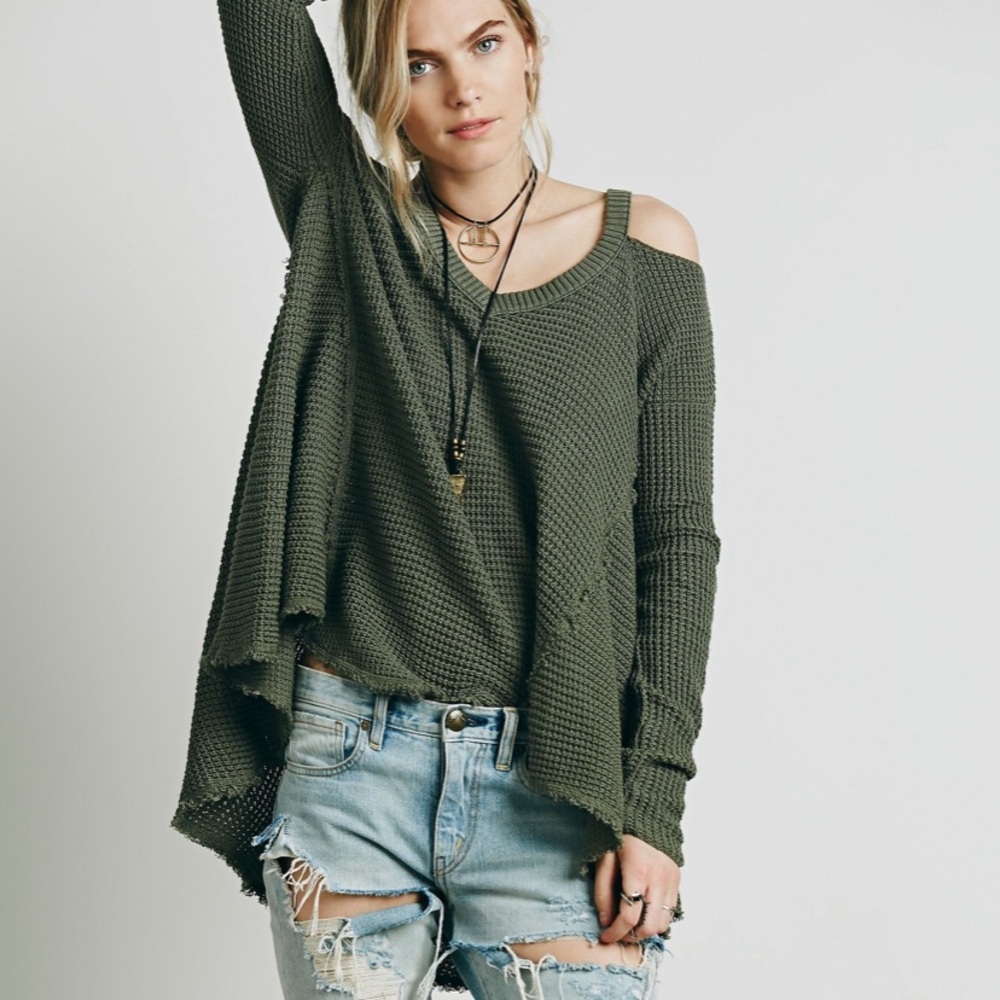 Free People Green Off-the-Shoulder Sweater Relaxed Fit